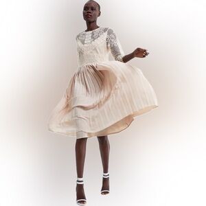 Zara Beige Cream Pleated Sheer Lace Midi Garden Party Semi Formal Dress XL